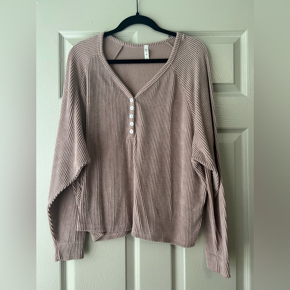 mts Women's V-Neck Ribbed Sweater - Light Brown
